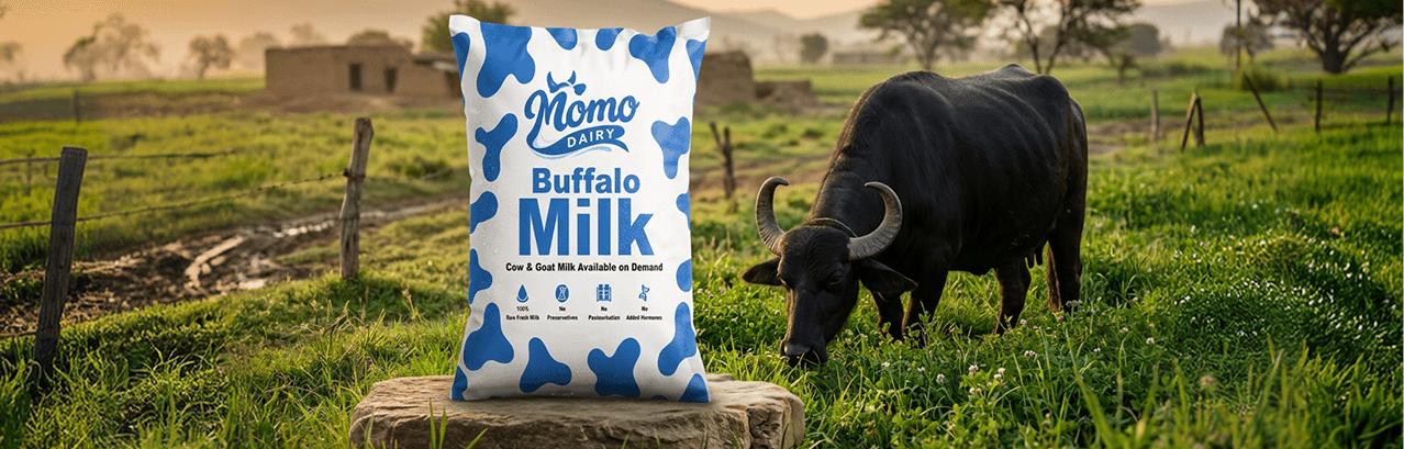 A pouch of Momo Dairy buffalo milk on a rock in a pasture, with a buffalo grazing behind it