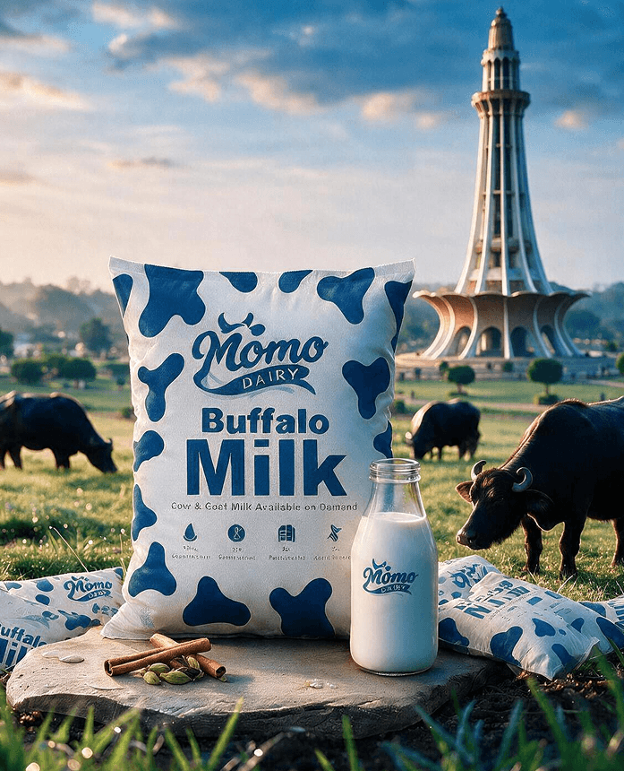 A Momo Dairy buffalo milk pouch and bottle in front of Minar-e-Pakistan, with buffaloes grazing in the foreground