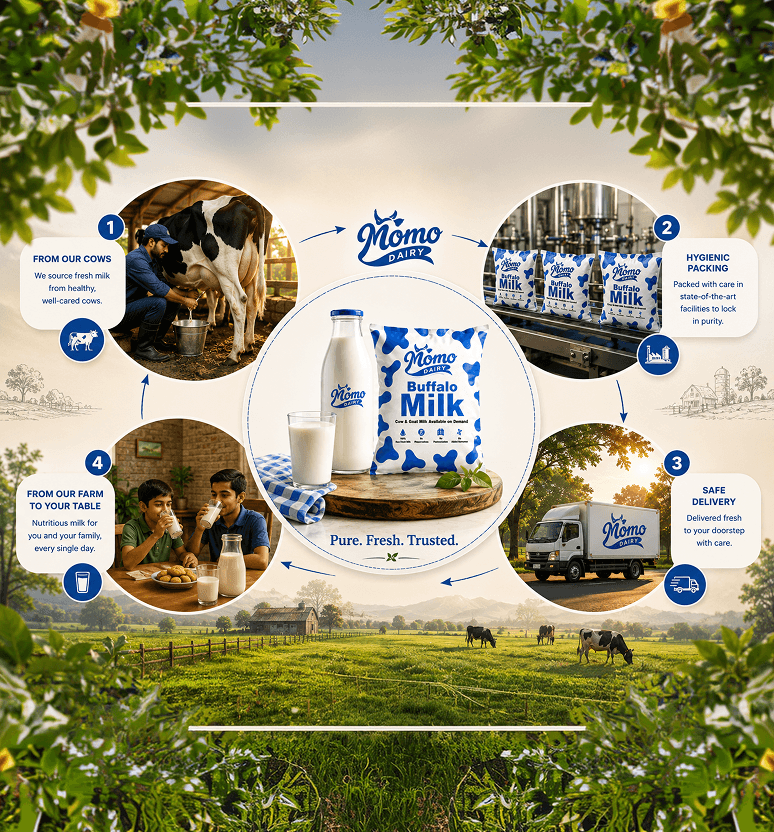 The Momo Dairy journey: milked from well-cared cows, packed hygienically, delivered safely, and on your family's table